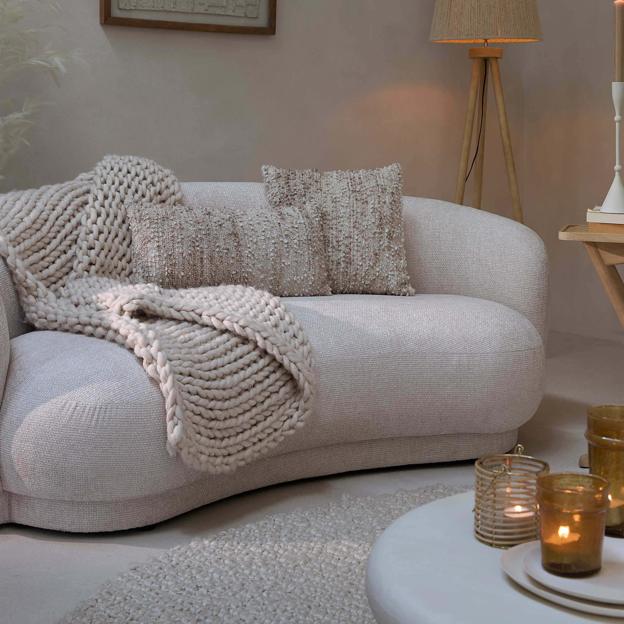 Astoria Curved Fabric Two Seat Sofa In Cream