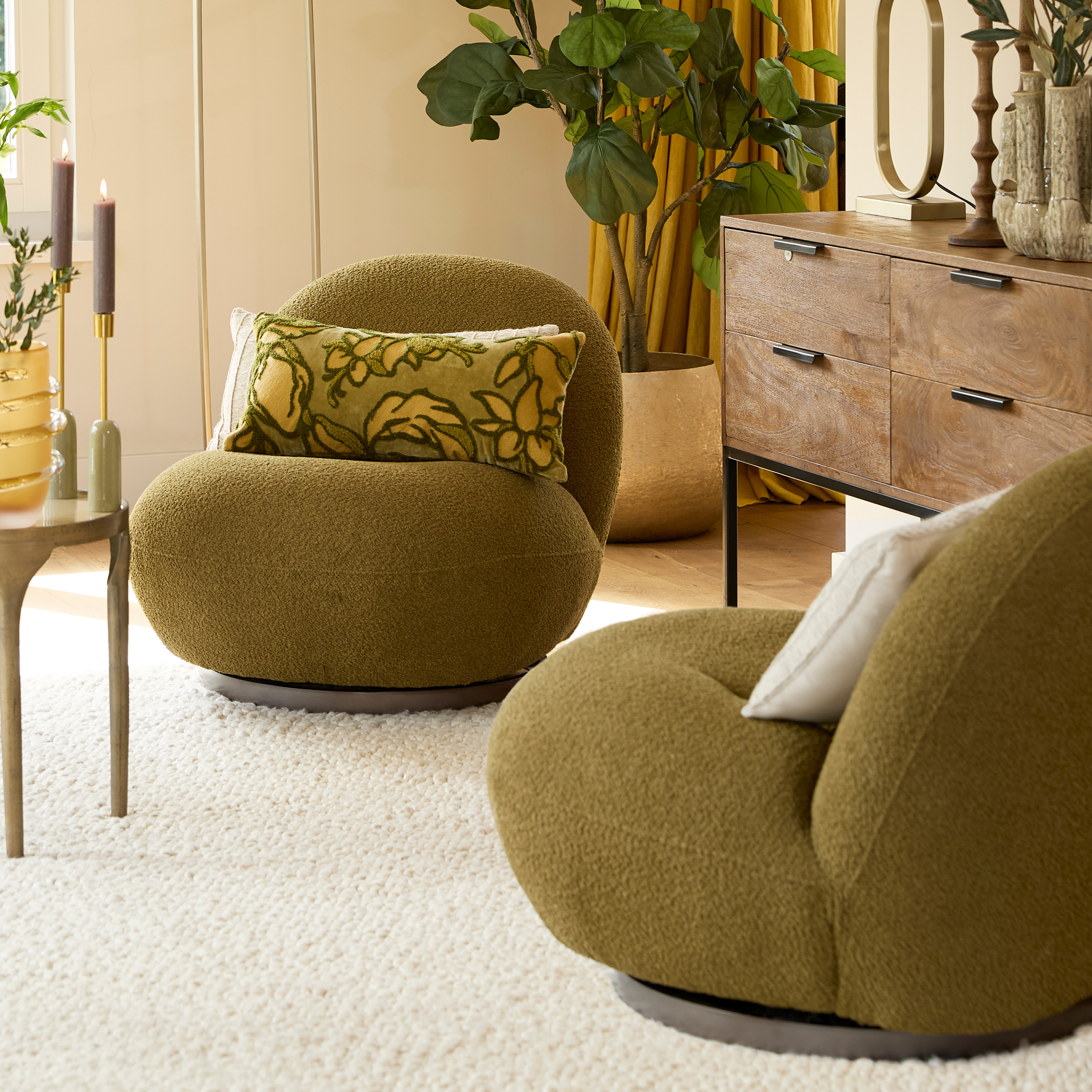 Koa Plush Curved Swivel Lounge Chair in Olive Green