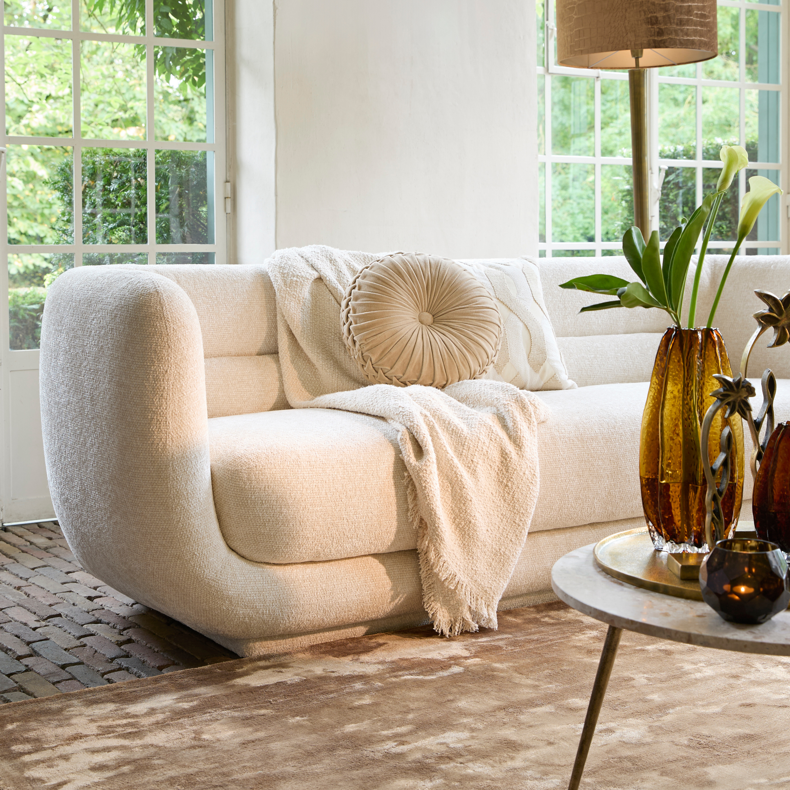 Serenity Curved Three Seater Modern Fabric Sofa in Cream