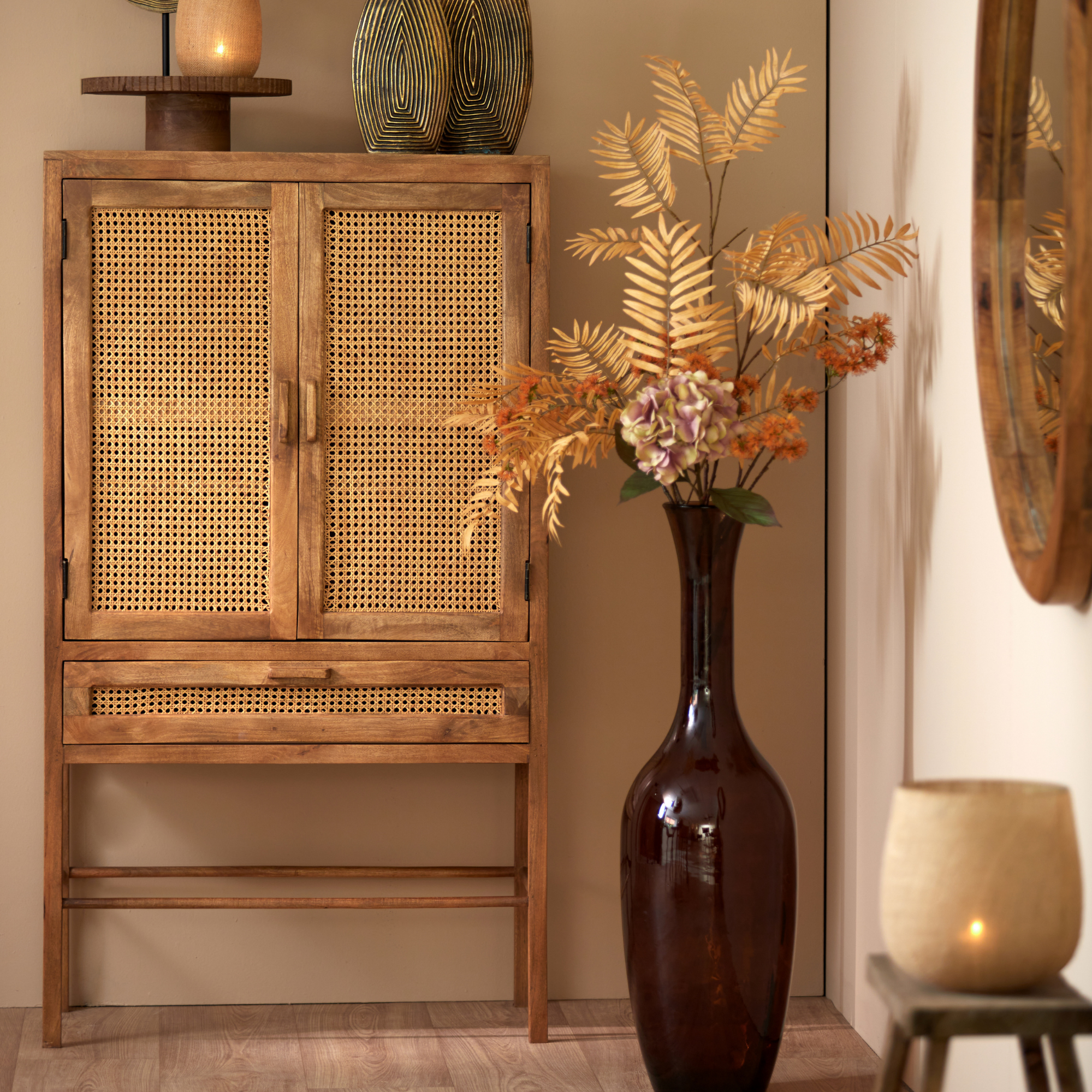 Kyoto Standing Mango Wood & Rattan Display Cabinet