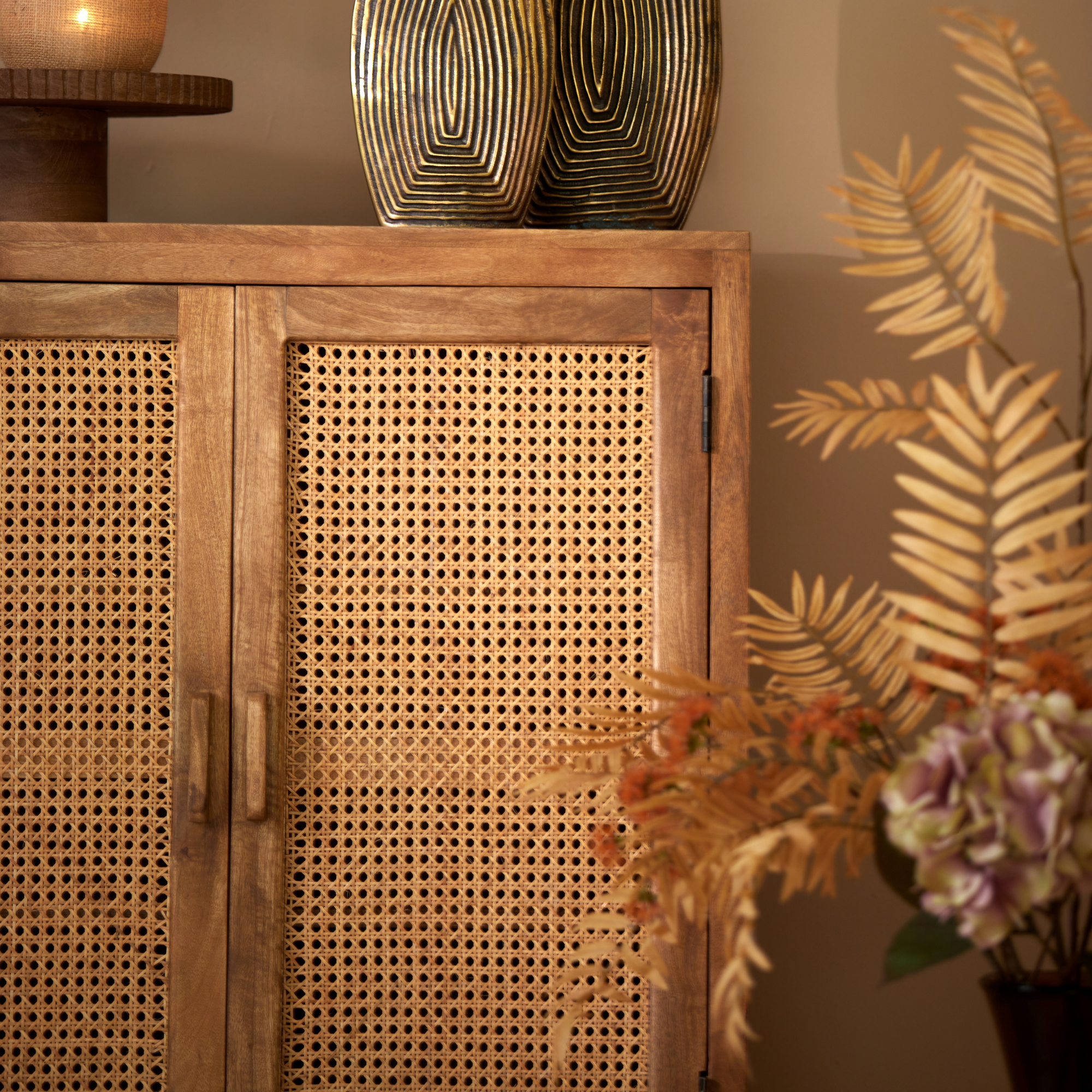 Kyoto Standing Mango Wood & Rattan Display Cabinet