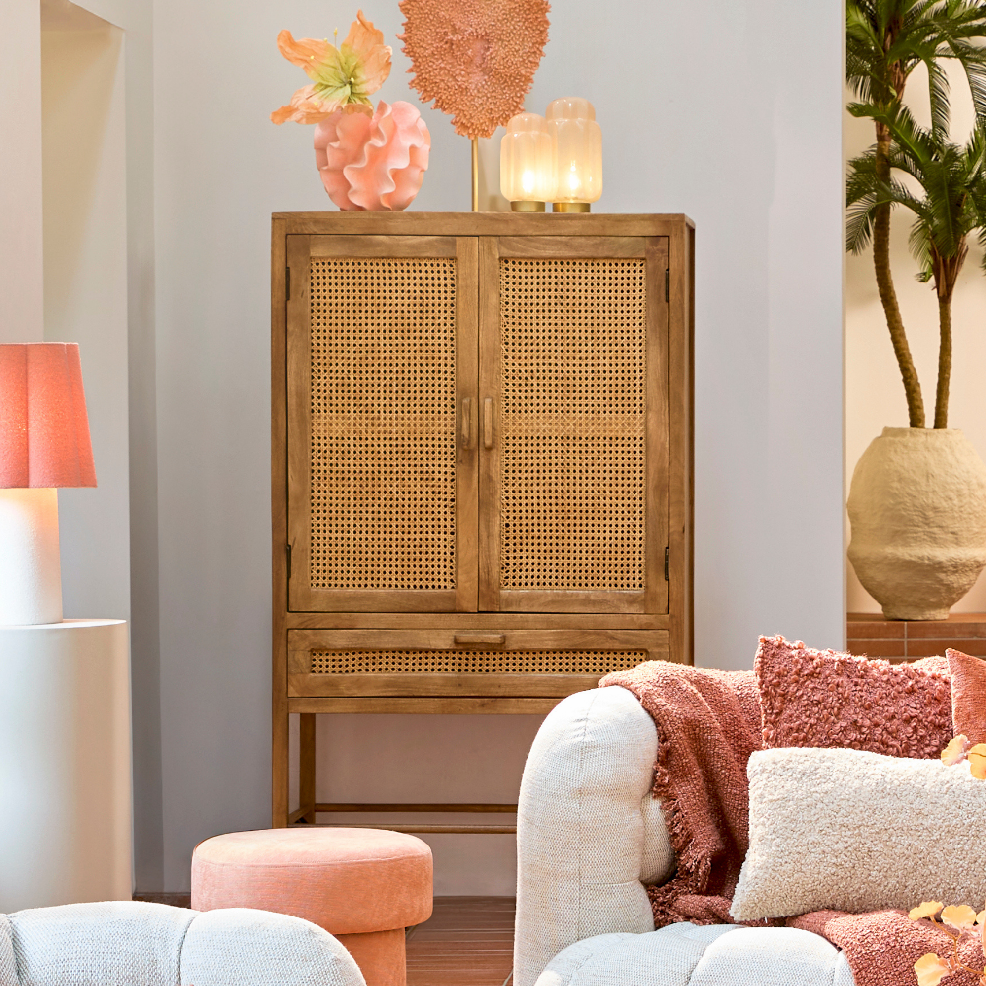 Kyoto Standing Mango Wood & Rattan Display Cabinet