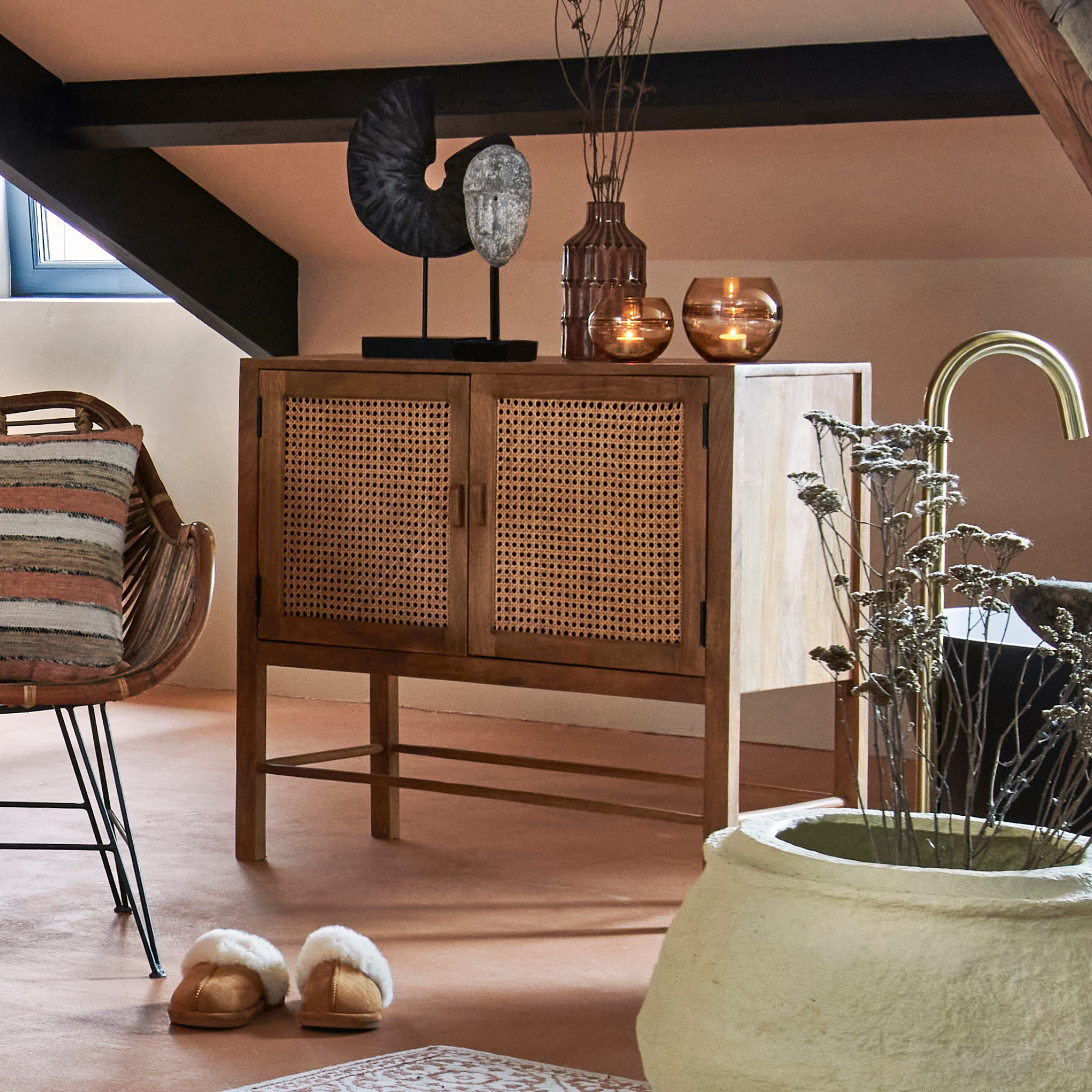Kyoto Rattan Sideboard Cabinet in Natural Light Mango Wood