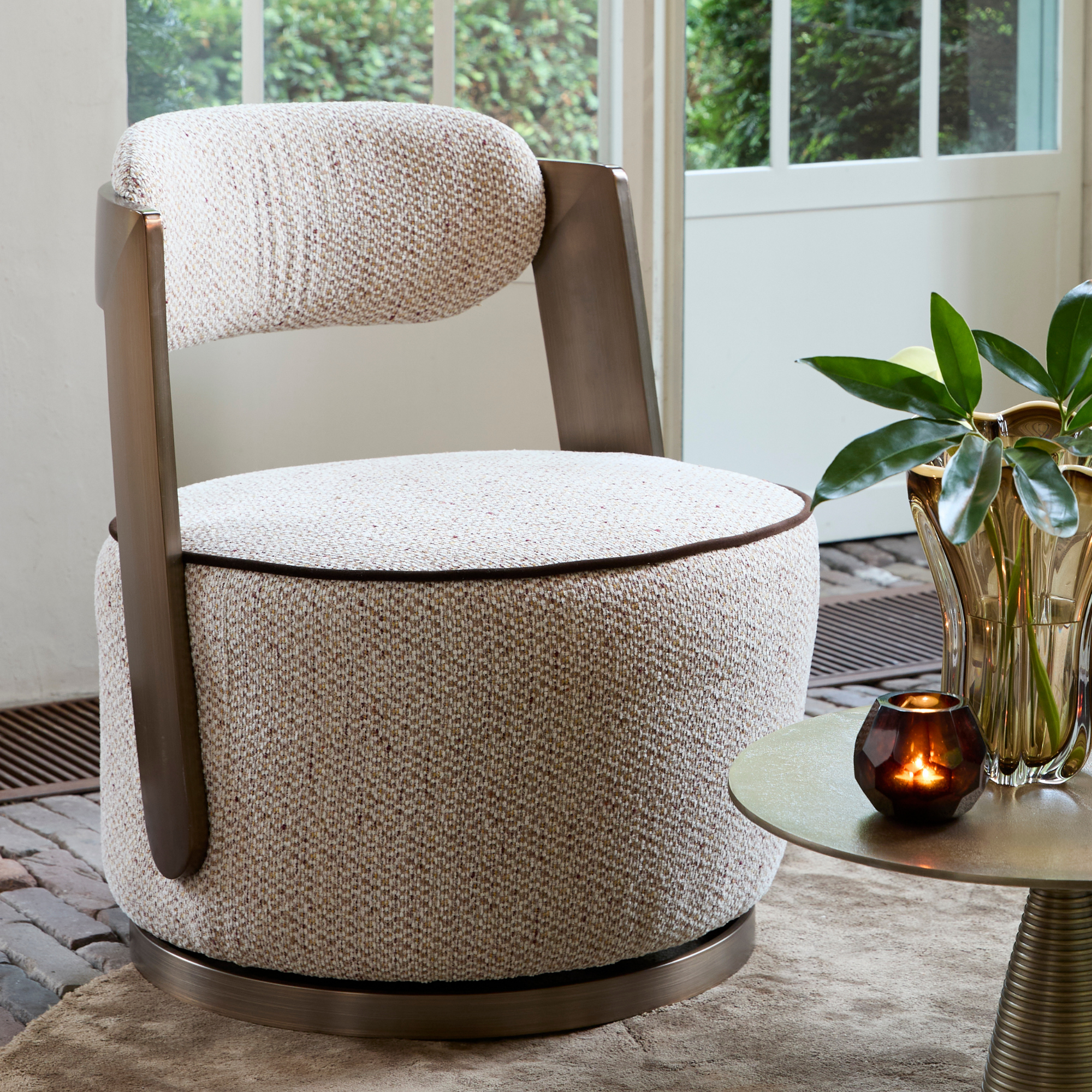 Modern Swivel Chair In Beige & Brass