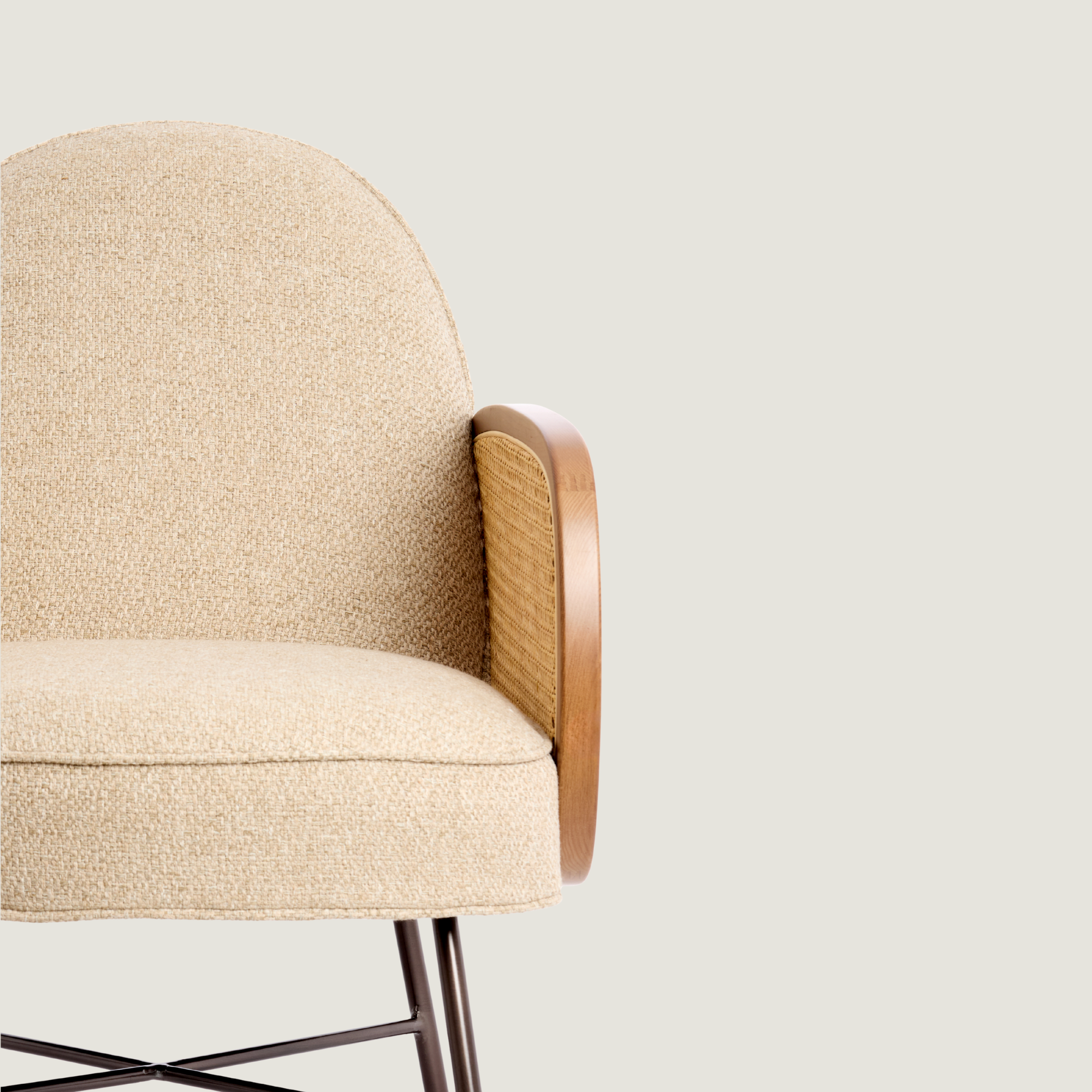 Rounded Back Fabric Lounge Chair with Rattan Arms