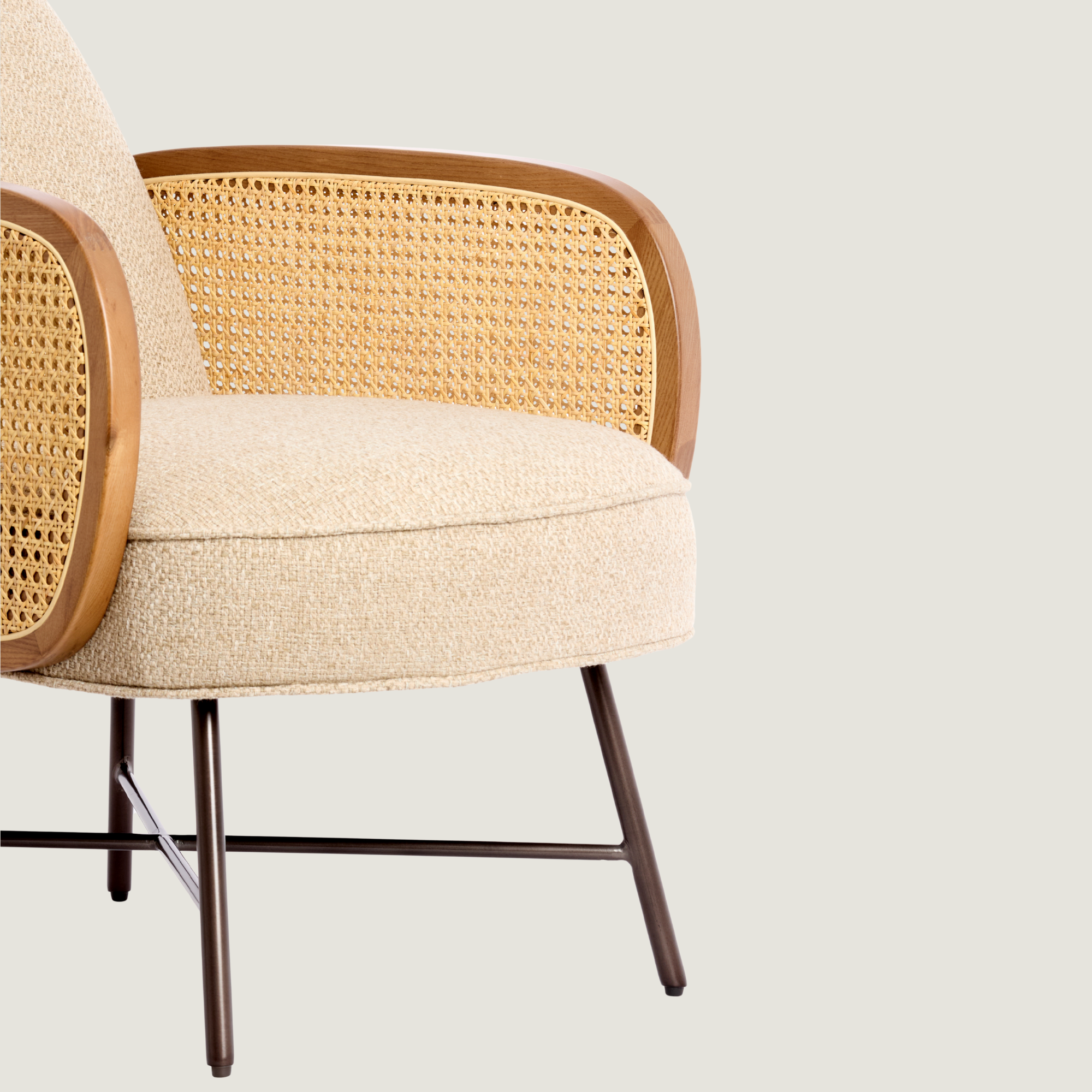 Rounded Back Fabric Lounge Chair with Rattan Arms