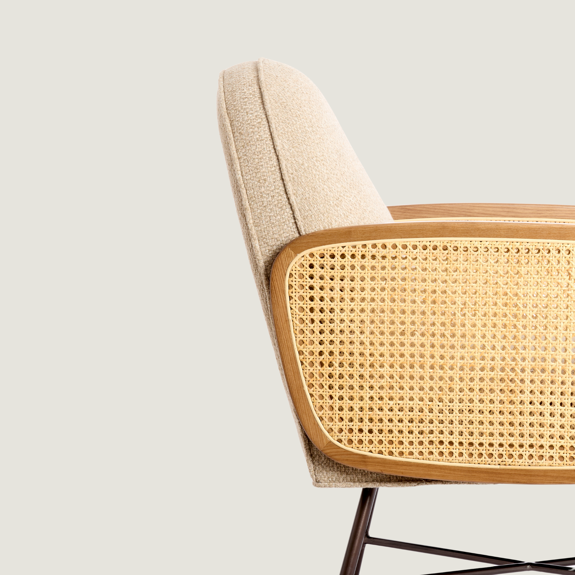 Rounded Back Fabric Lounge Chair with Rattan Arms