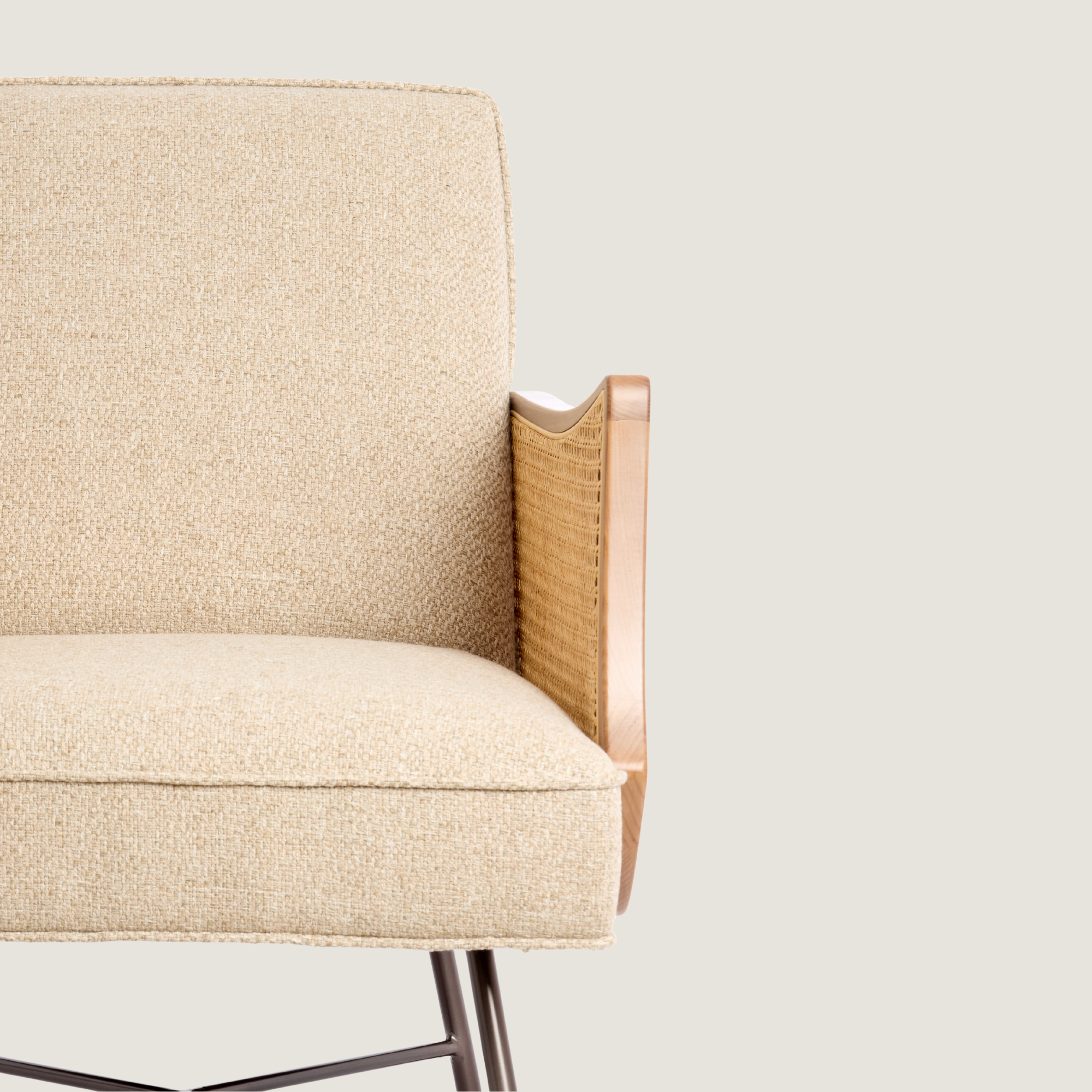 Square Back Fabric Lounge Chair with Rattan Arms
