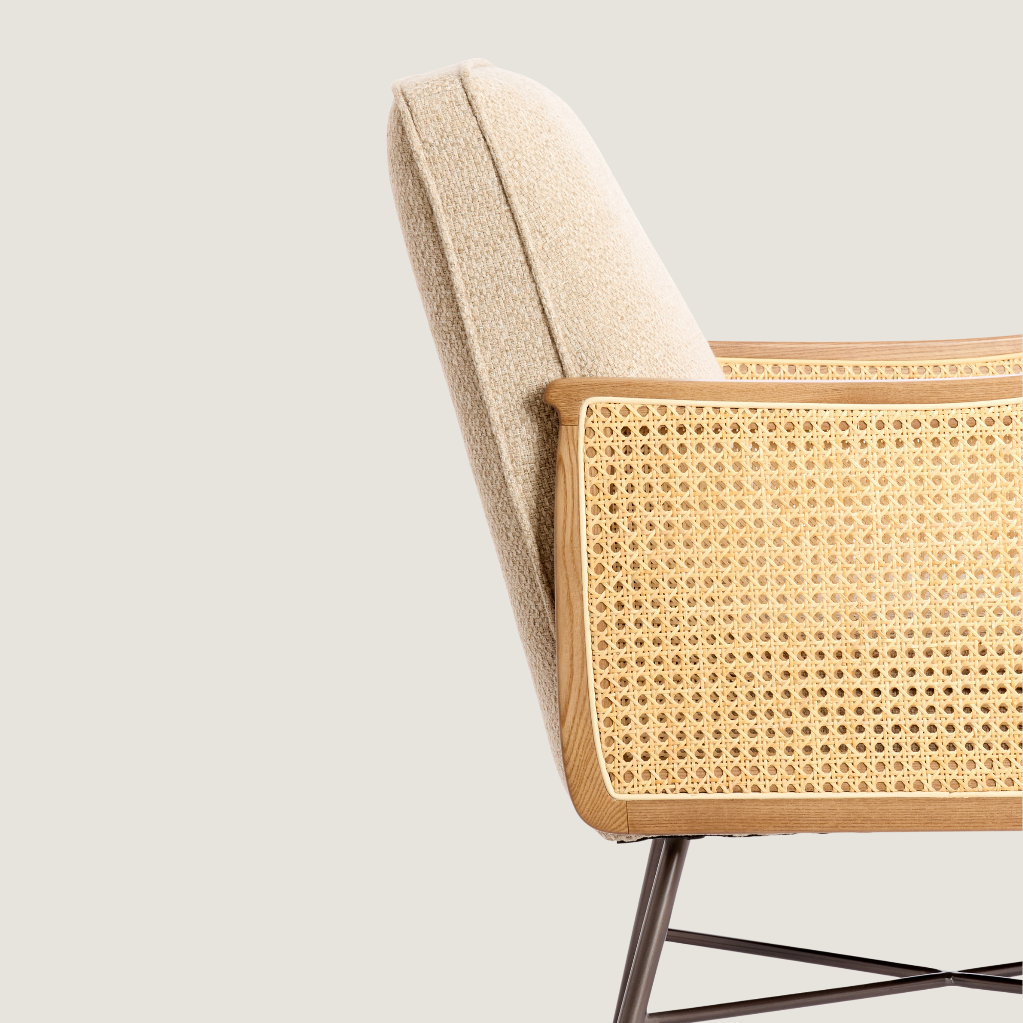 Square Back Fabric Lounge Chair with Rattan Arms