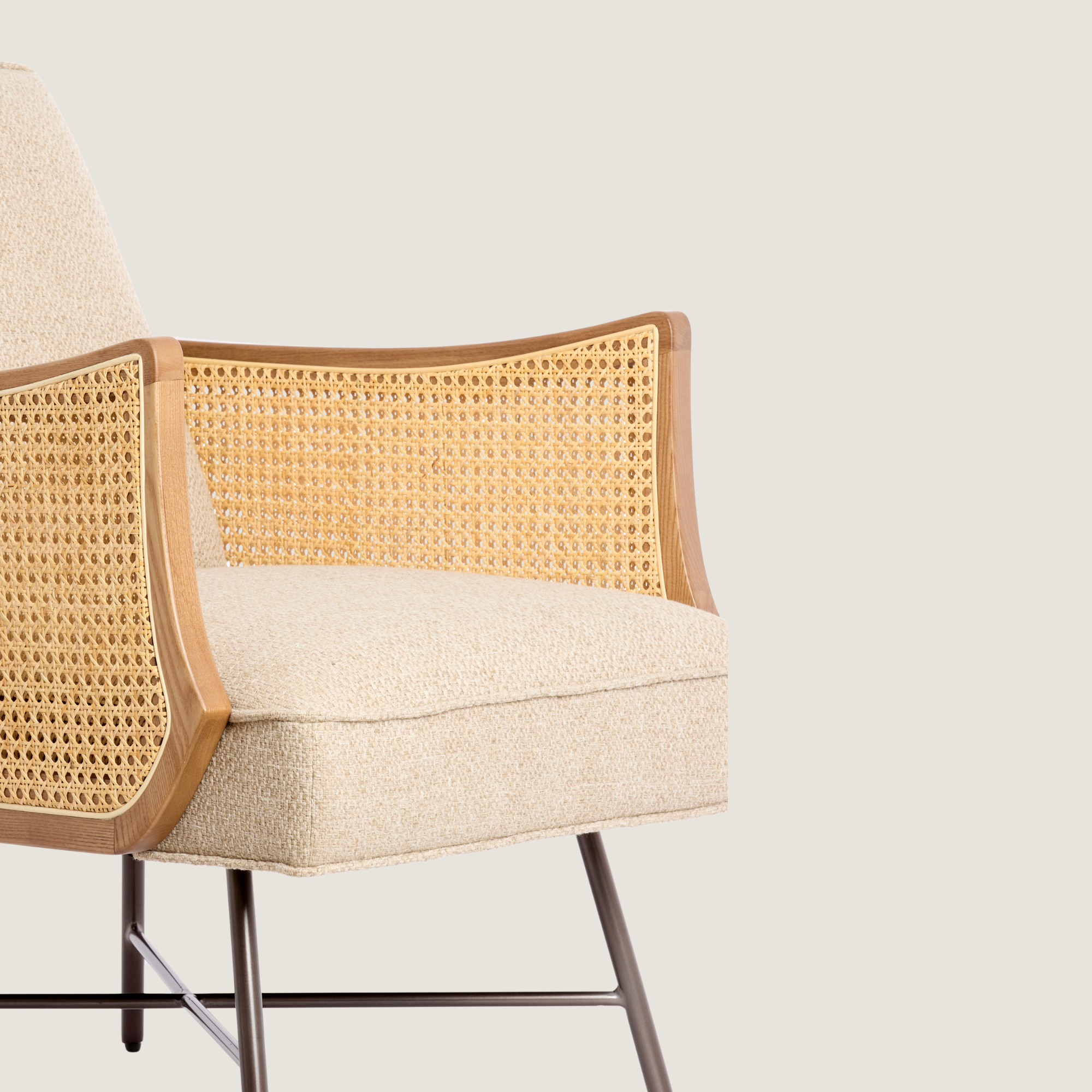 Square Back Fabric Lounge Chair with Rattan Arms
