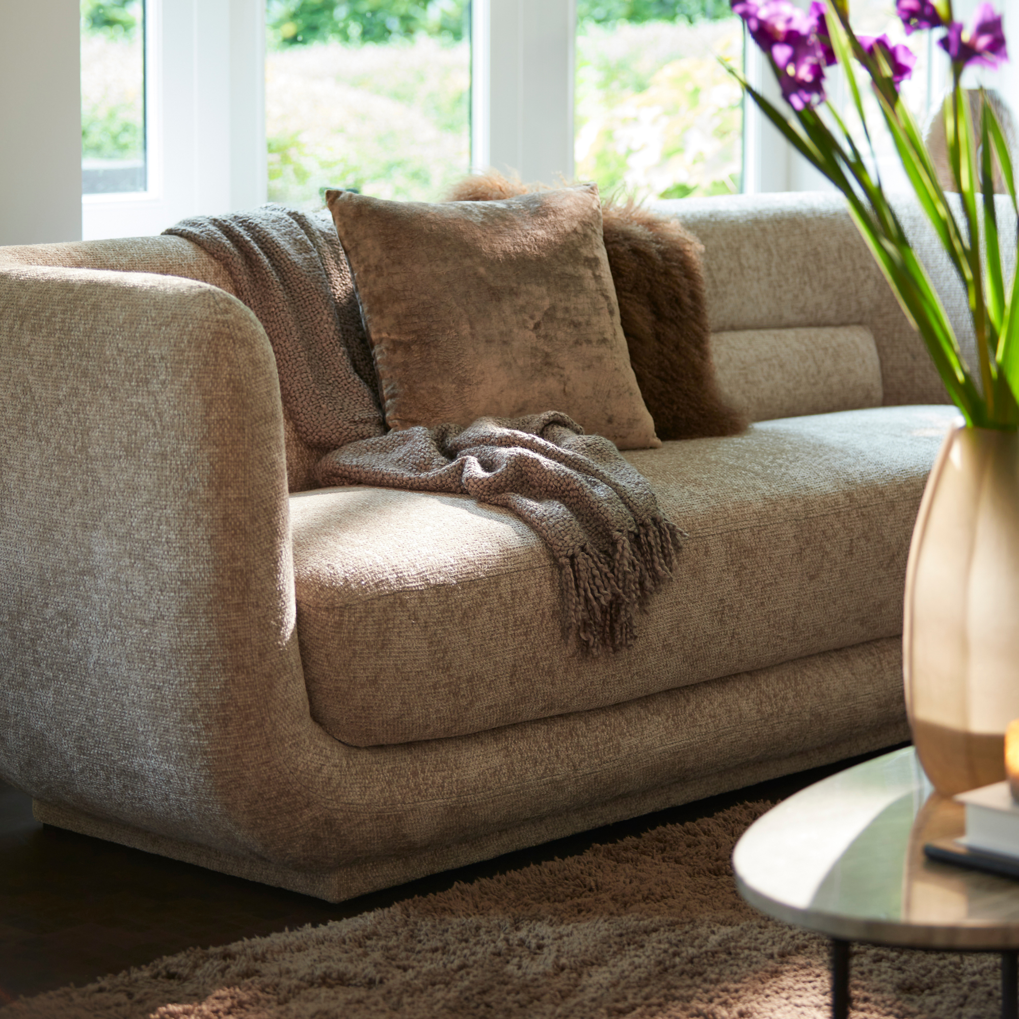 Serenity Curved Three Seater Modern Fabric Sofa in Beige
