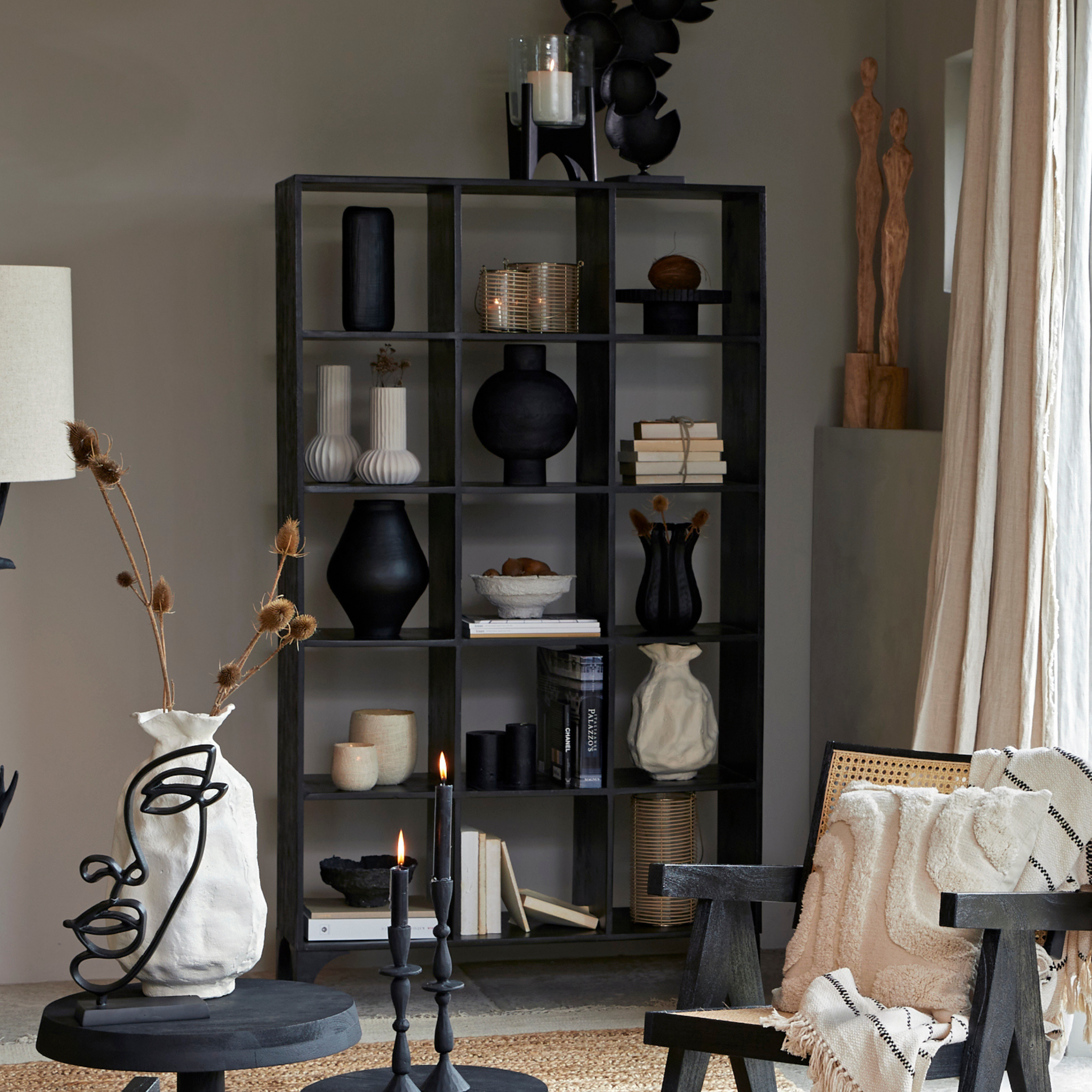 Tall Mango Wood Display Bookcase with Open Square Shelving
