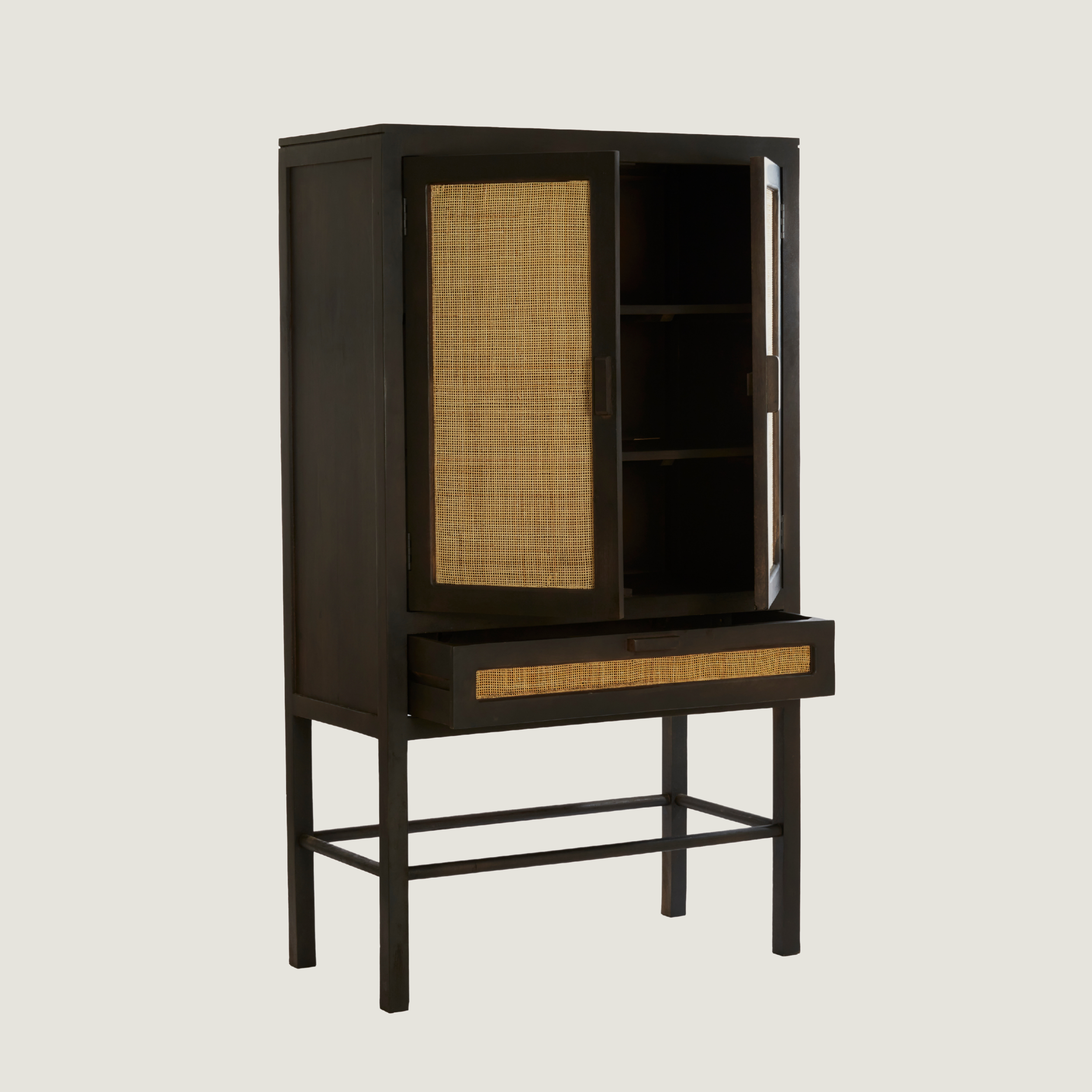Kyoto Dark Mango Wood & Rattan Standing Display Cabinet