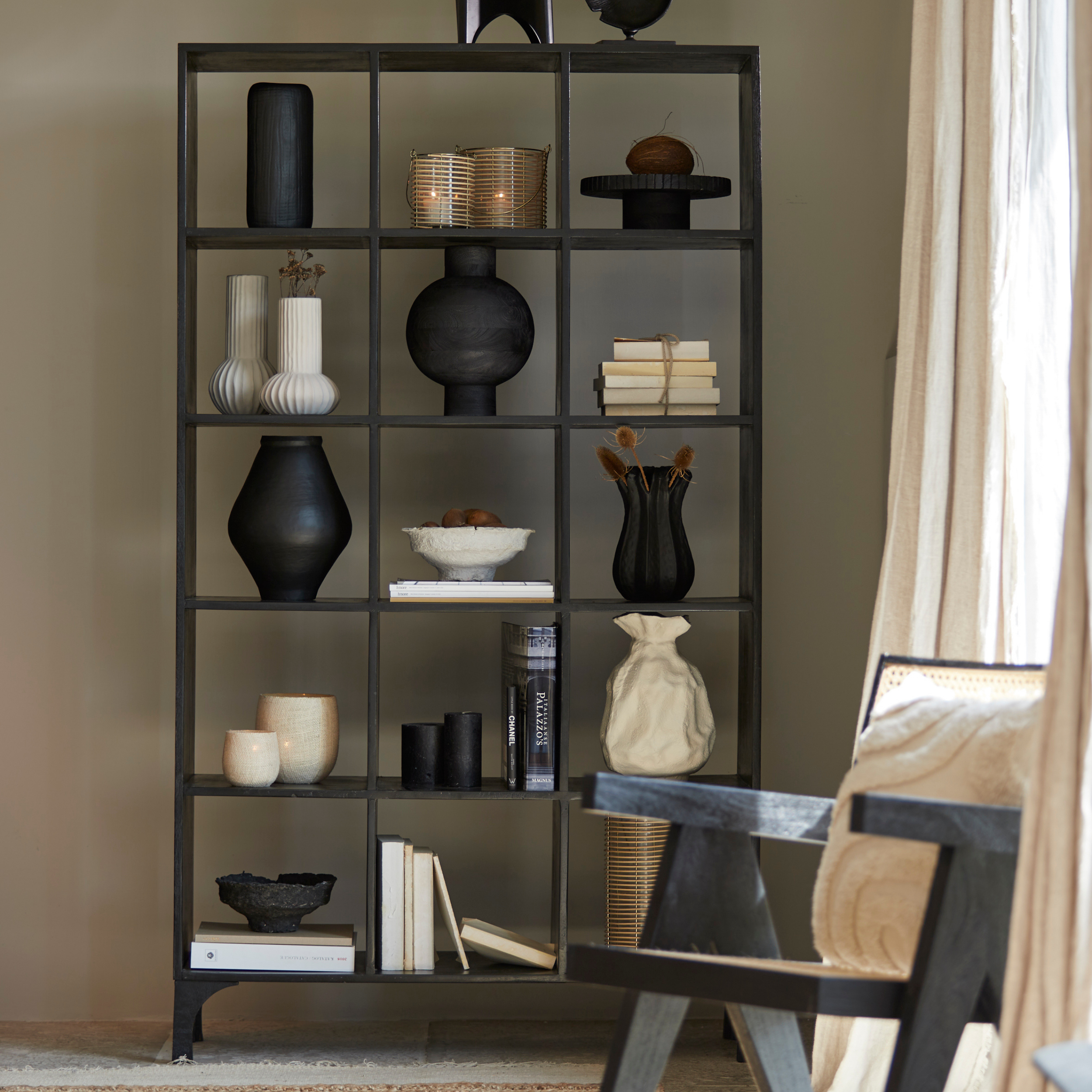 Tall Mango Wood Display Bookcase with Open Square Shelving
