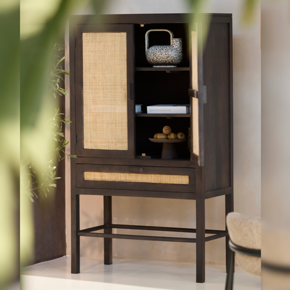Kyoto Dark Mango Wood & Rattan Standing Display Cabinet
