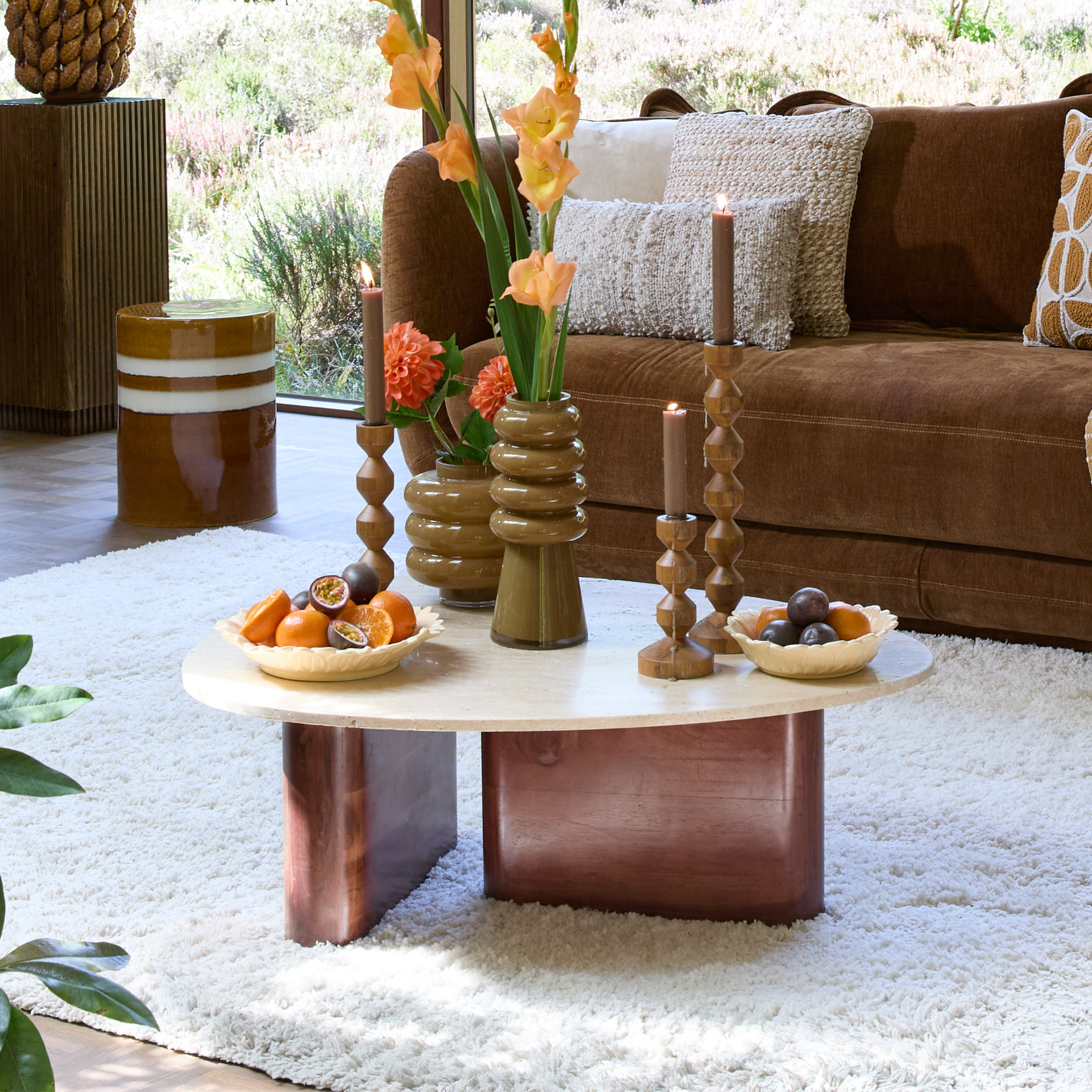 Travertine & Acacia Wood Coffee Table