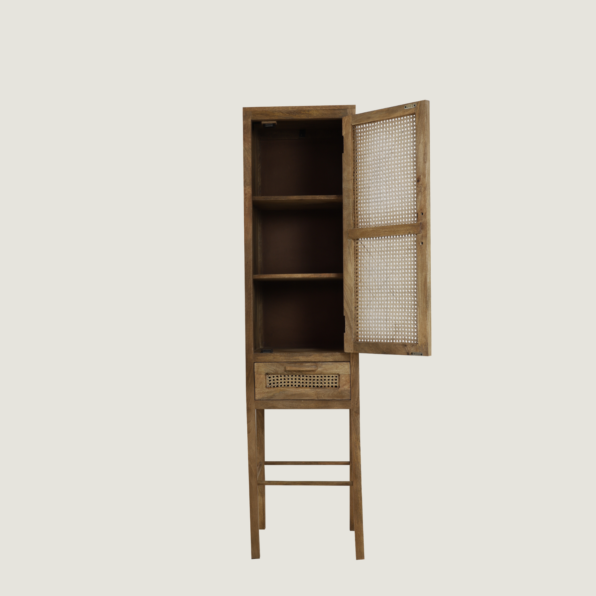Kyoto - Light Mango Wood & Rattan tall Slim Cabinet