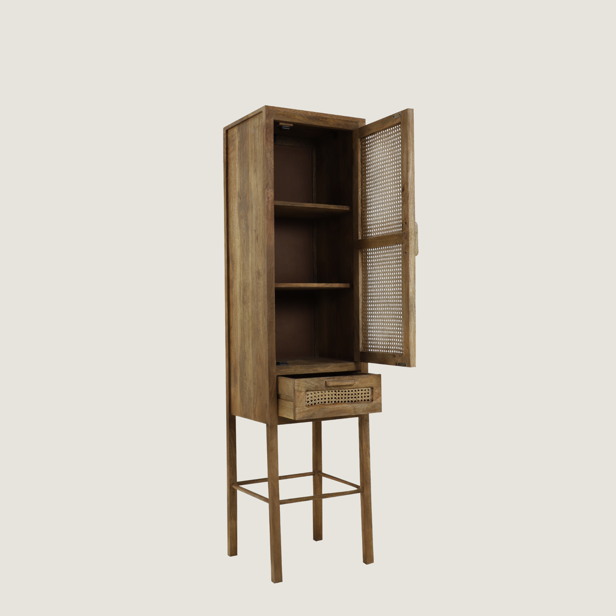 Kyoto - Light Mango Wood & Rattan tall Slim Cabinet