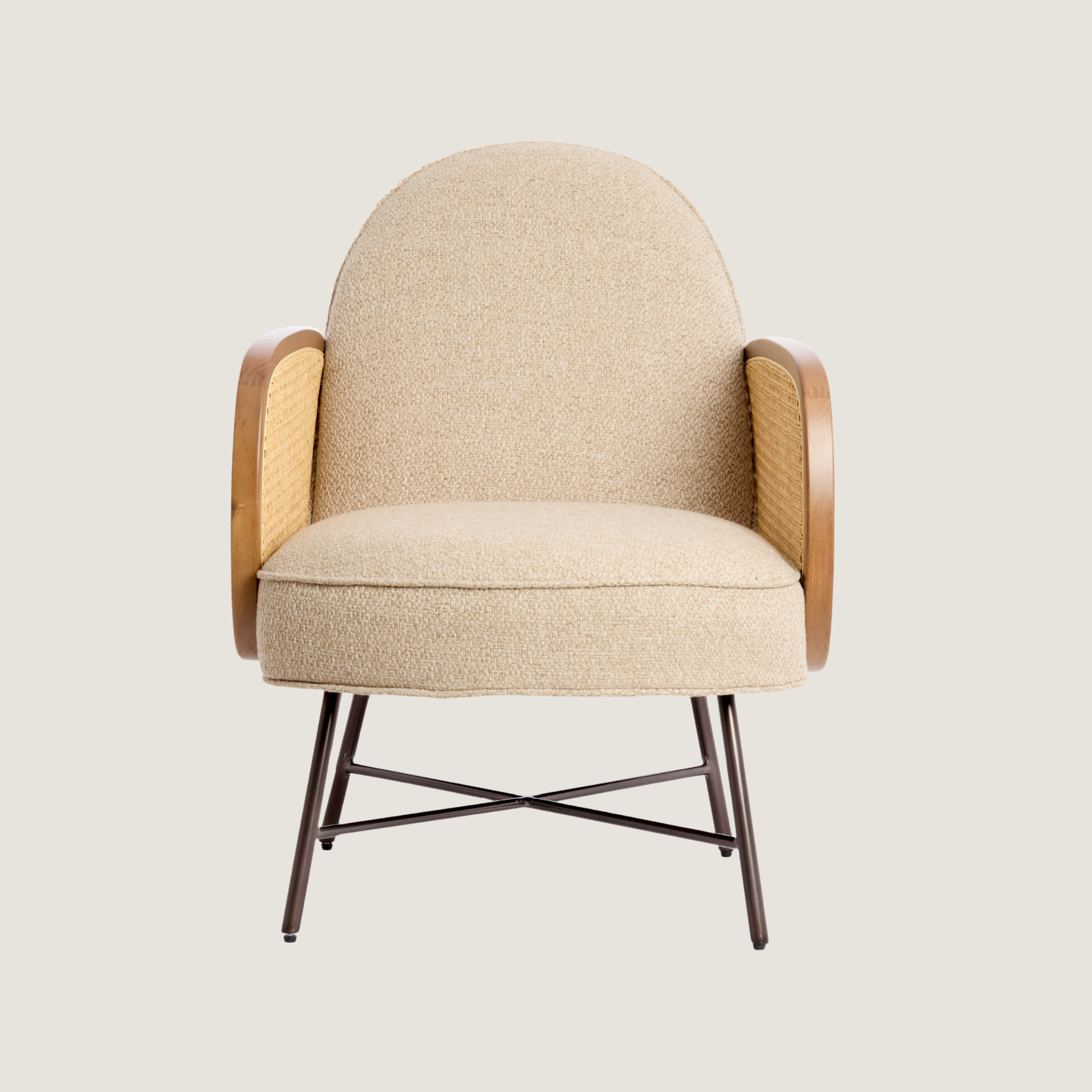 Rounded Back Fabric Lounge Chair with Rattan Arms