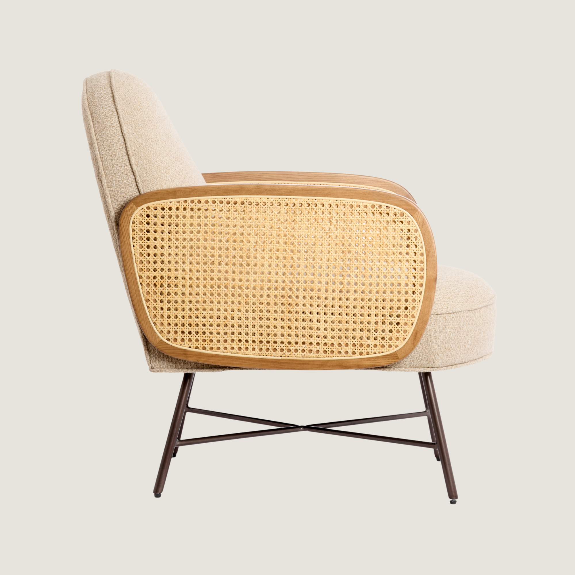 Rounded Back Fabric Lounge Chair with Rattan Arms