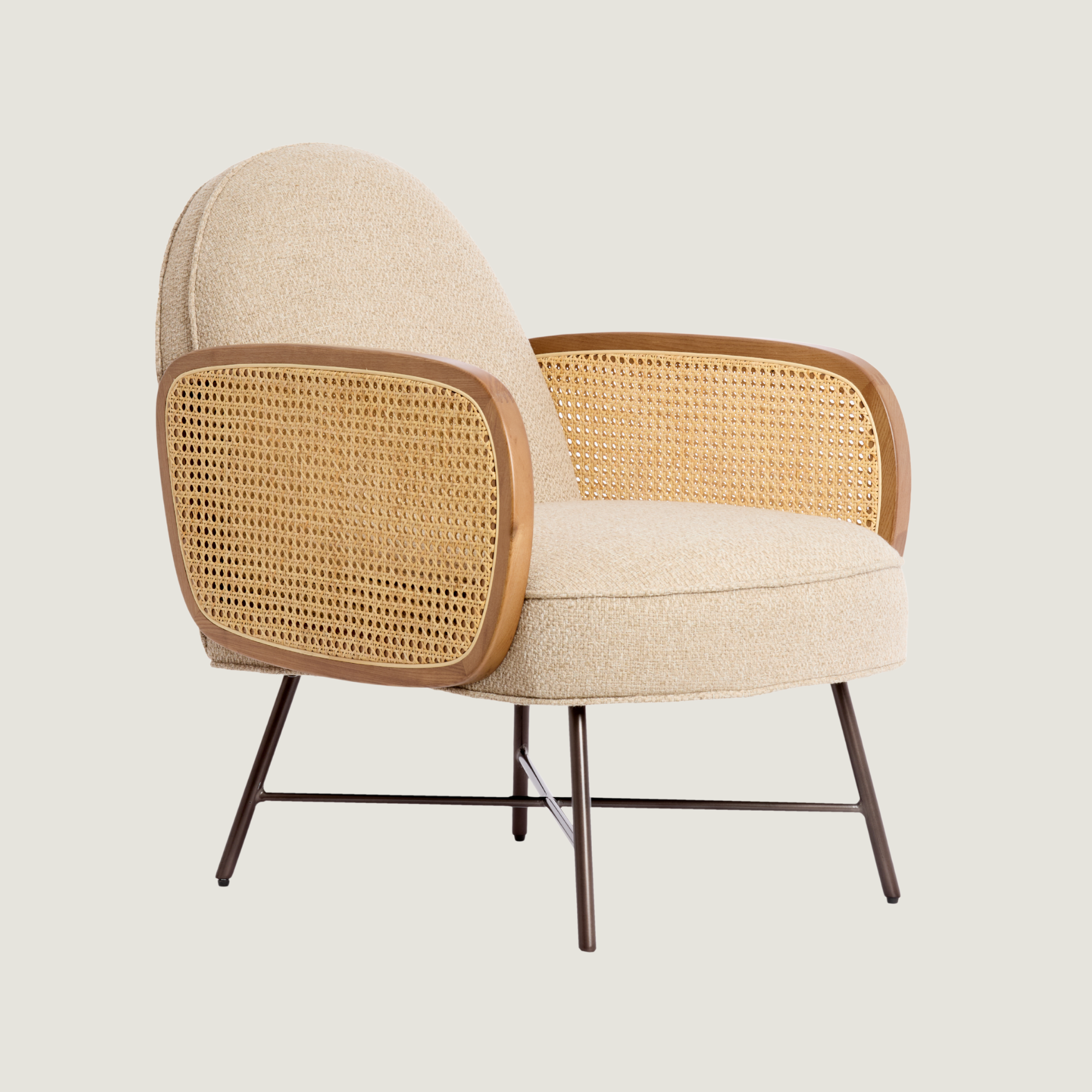 Rounded Back Fabric Lounge Chair with Rattan Arms