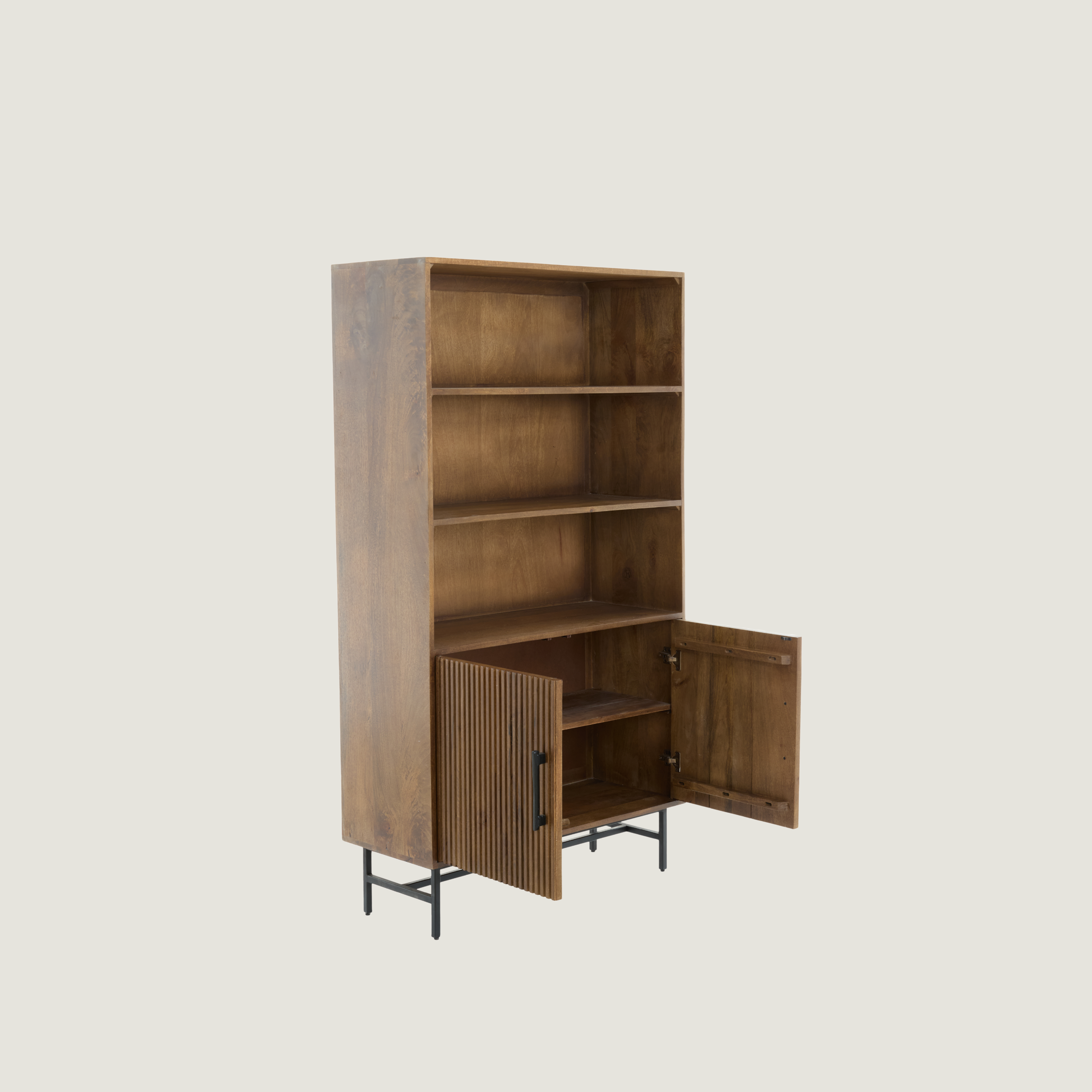 Belafonte - Dark Brown Mango Wood Ribbed Cabinet With Shelving