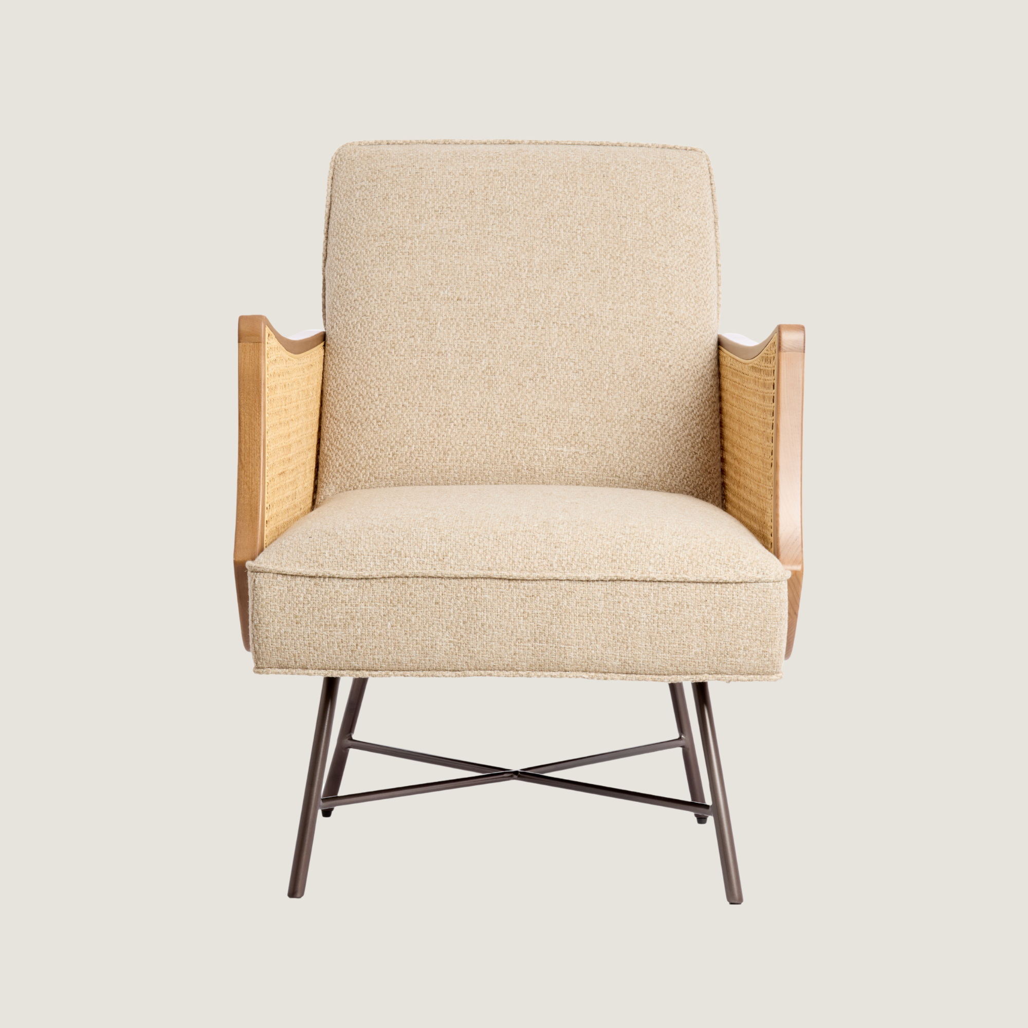 Square Back Fabric Lounge Chair with Rattan Arms