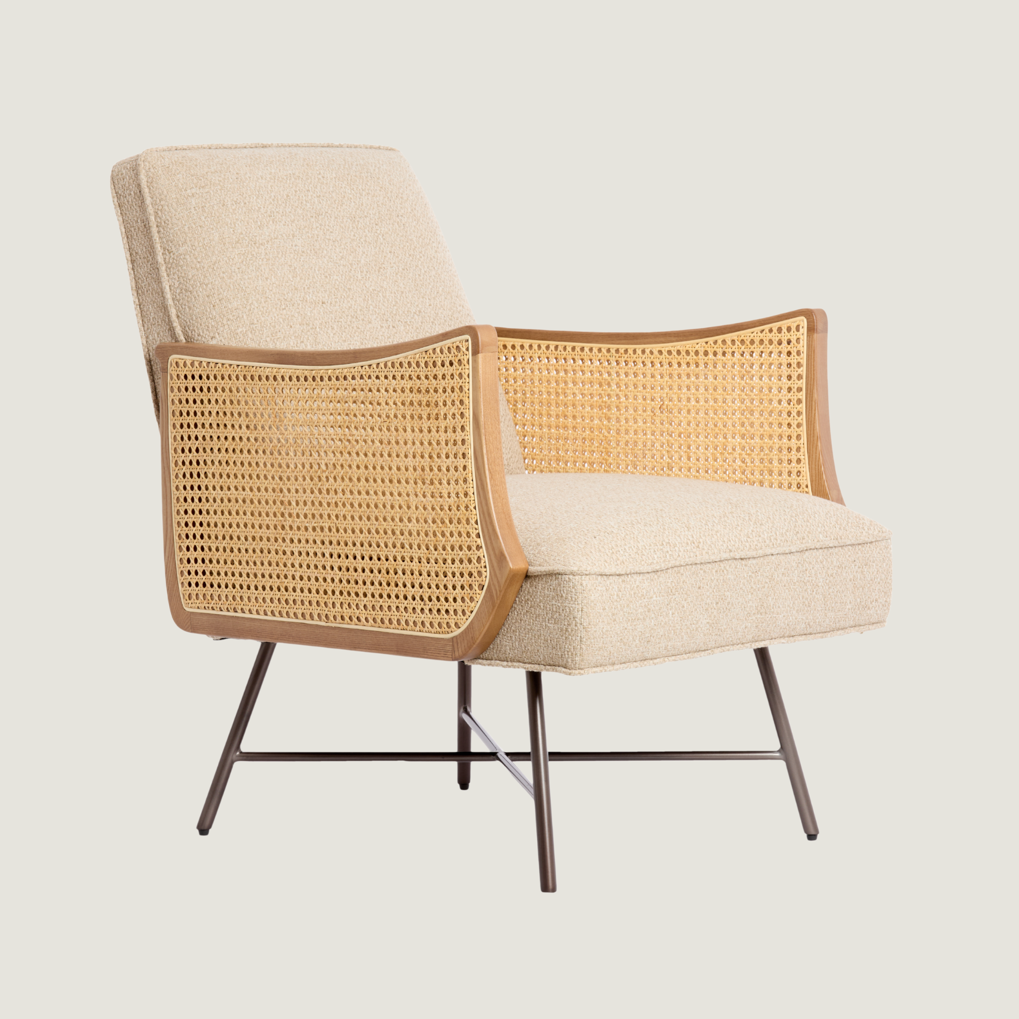 Square Back Fabric Lounge Chair with Rattan Arms