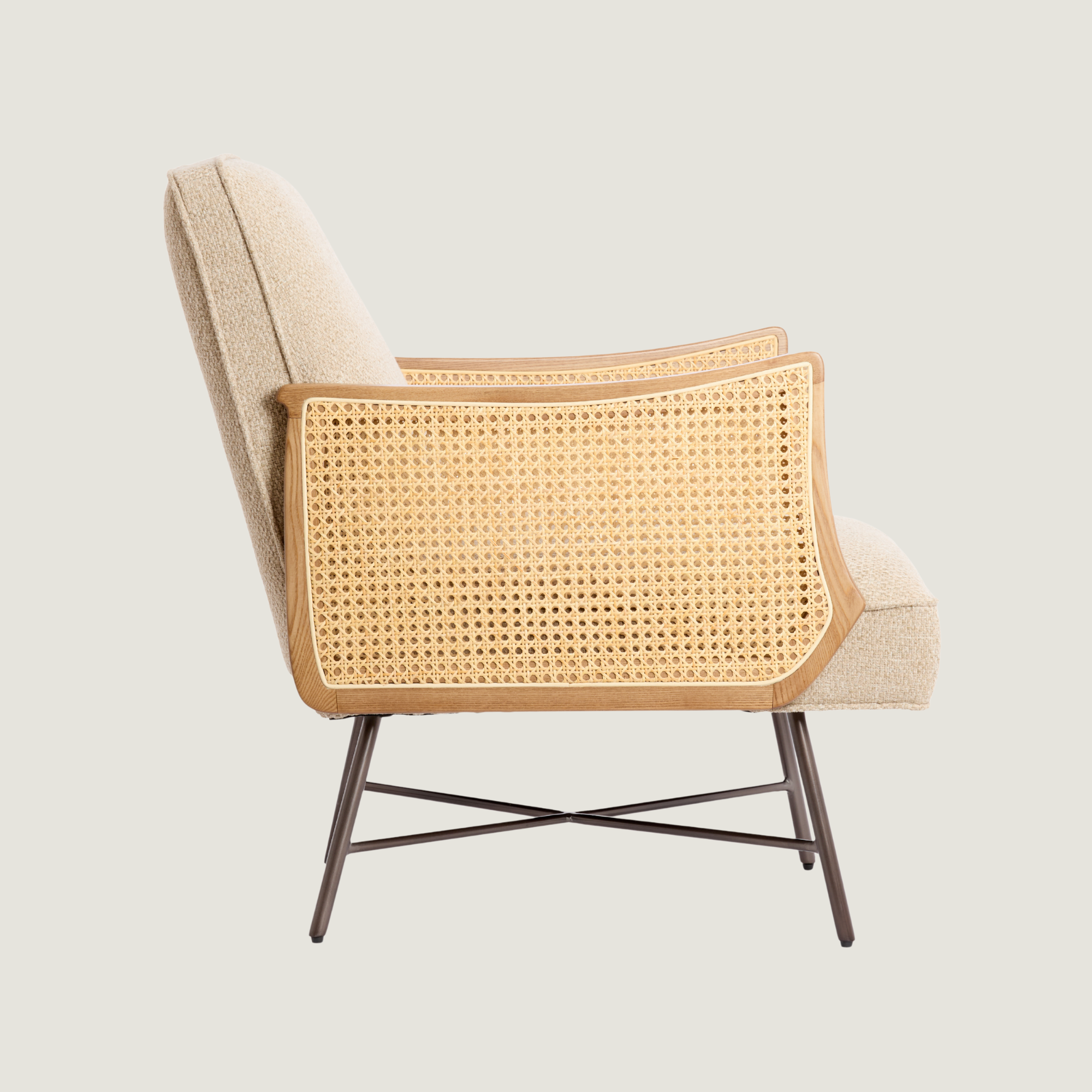 Square Back Fabric Lounge Chair with Rattan Arms